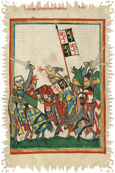 Miniatur des Herzogs Johann von Brabant aus dem Codex Manesse. Die Miniaturen dieses Codex geben idealisierte Szenen aus dem ritterlichen Leben wieder.